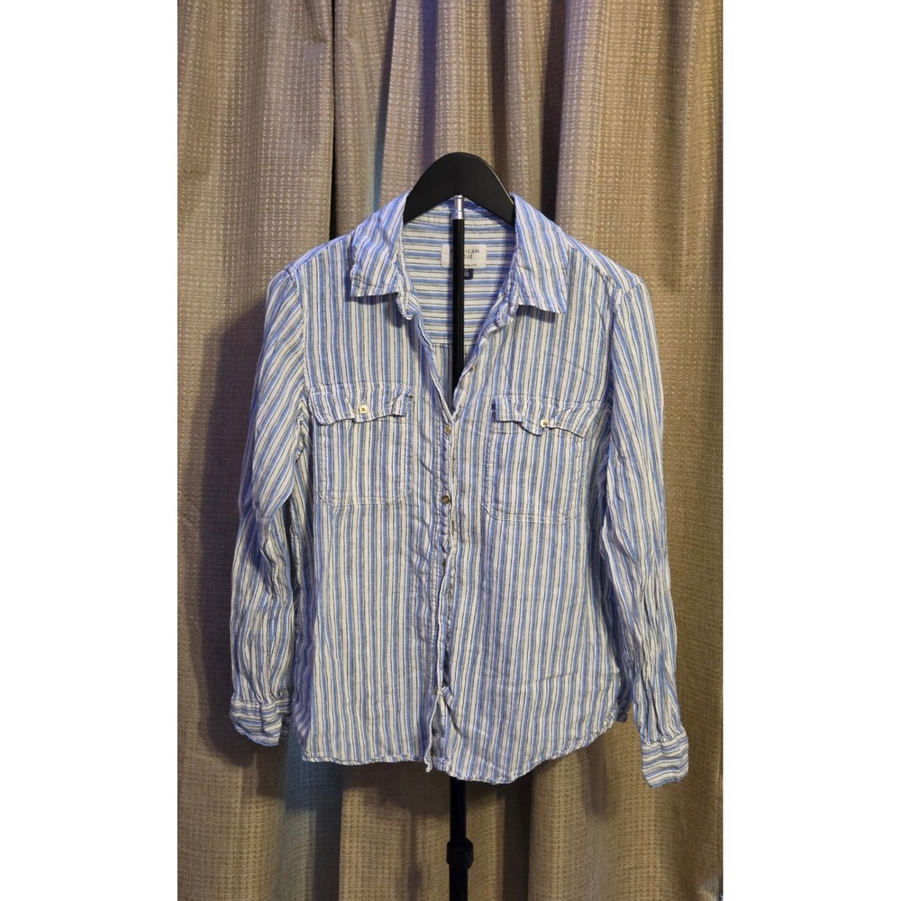 American Eagle Oversized Fit Long Sleeve Striped Shirt Linen Blend Women's Small